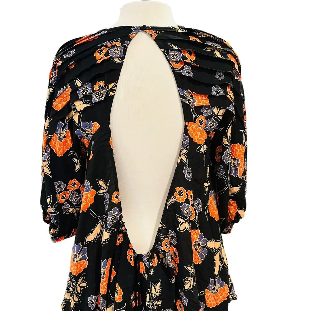 NEW Free People Edie Black Floral Open Back Cut Out Tunic Mini Dress Size XS